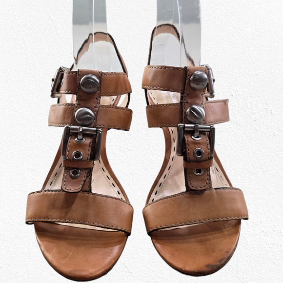 Coach Robin Tan Leather Buckle Sandals Size 6 Strappy Designer Stiletto Heels - Picture 2 of 8